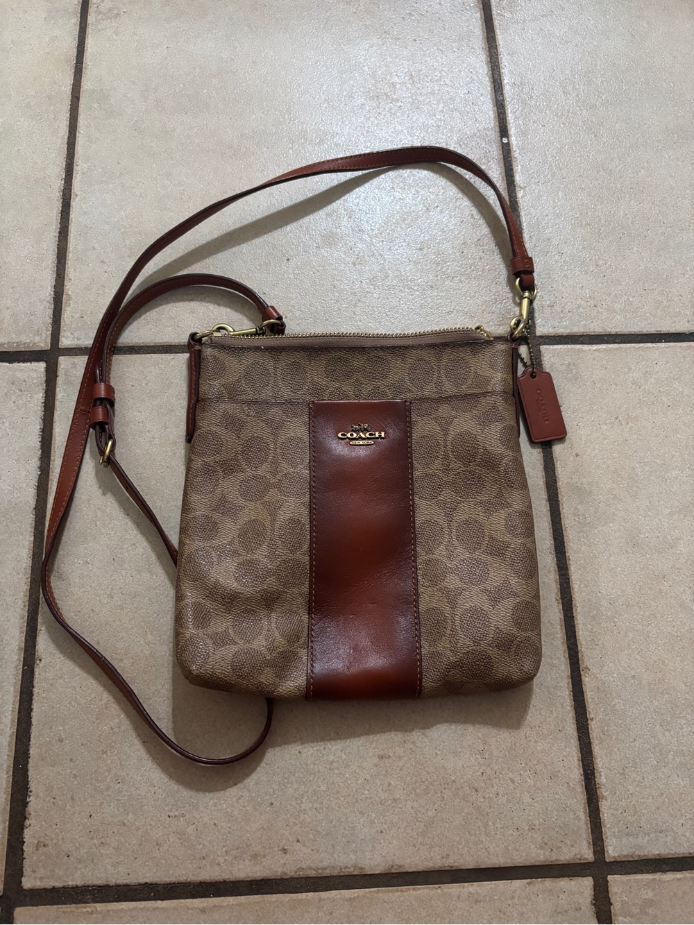 Coach Brown/Tan Signature Canvas Crossbody with Leather Patch